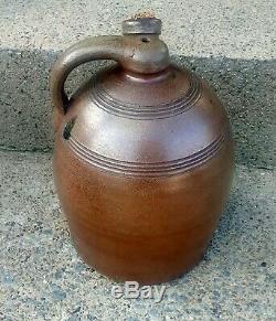Vintage Early 1900's E H Merrill Stoneware Jug, Incised Design, Turned Handle