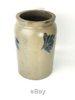 Vintage Grey Salt Glazed Stoneware Crock With Blue Floral Design- 10 3/4 X 6 1/4