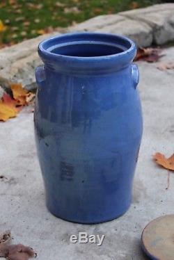 Vintage Primitive Rustic Cobalt Butter Churn Crock Stoneware Pottery with Lid
