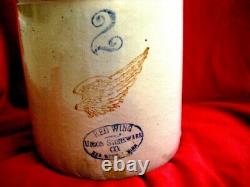 Vintage Red Wing 2 Gallon Union Stoneware Crock Jar- 4 1/4'' LONG WING LARGE