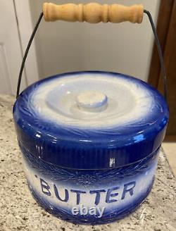 Vintage Salt Glaze Stoneware Butter Crock. Blue & White Cow Pottery EUC
