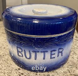 Vintage Salt Glaze Stoneware Butter Crock. Blue & White Cow Pottery EUC