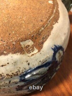 Vintage Salt Glaze Stoneware Colbalt Blue Crock Jar Pot Double Handle Japanese