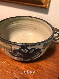 Vintage Salt Glaze Stoneware Colbalt Blue Crock Jar Pot Double Handle Japanese
