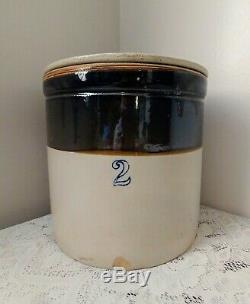 Vintage Stoneware 2 Gallon Crock withLid Two Tone Brown White #2