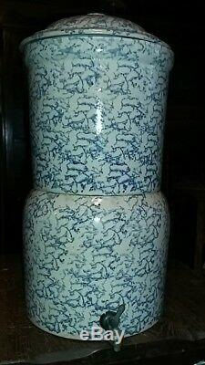 Vintage Stoneware Blue Spongeware Water Cooler Dispenser With Lid