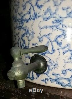 Vintage Stoneware Blue Spongeware Water Cooler Dispenser With Lid