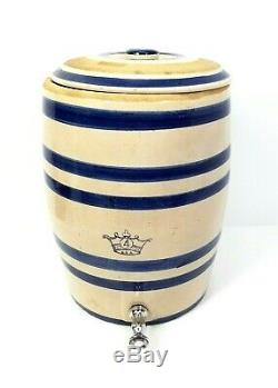 Vintage Stoneware Crock Water Jug Blue Stripe Crown 4 Gallon Lid with Dispenser
