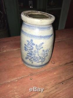 Vintage pottery stoneware crock Blue Flower Decoration Canning Jar Original 1800
