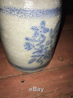 Vintage pottery stoneware crock Blue Flower Decoration Canning Jar Original 1800