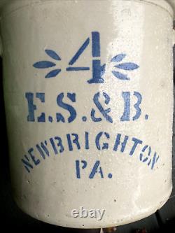 Vtg Antique E. S. & B. Salt Glazed Stoneware 4 Gallon Crock New Brighton, PA NICE
