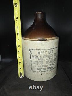 West End Boston Mass 1 Gal Stoneware Crock Whiskey Jug with Paper Label @R