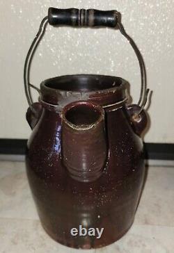 Wonderful Early Antique Brown Stoneware #4 Batter Jug Crock Metal Handle NICE