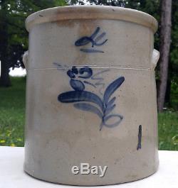 XLNT Antique 4 Gallon New Ulm Pottery Salt Glaze Stoneware Crock Cobalt Flower