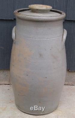 XLNT Antique 5 Gallon Midwestern Stoneware Churn, Salt Glaze, Cobalt Flower, Lid